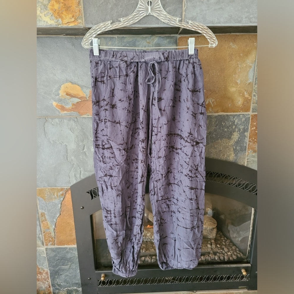Koch USA 100% silk blue tie-dye print joggers loose fit drawstring waist small